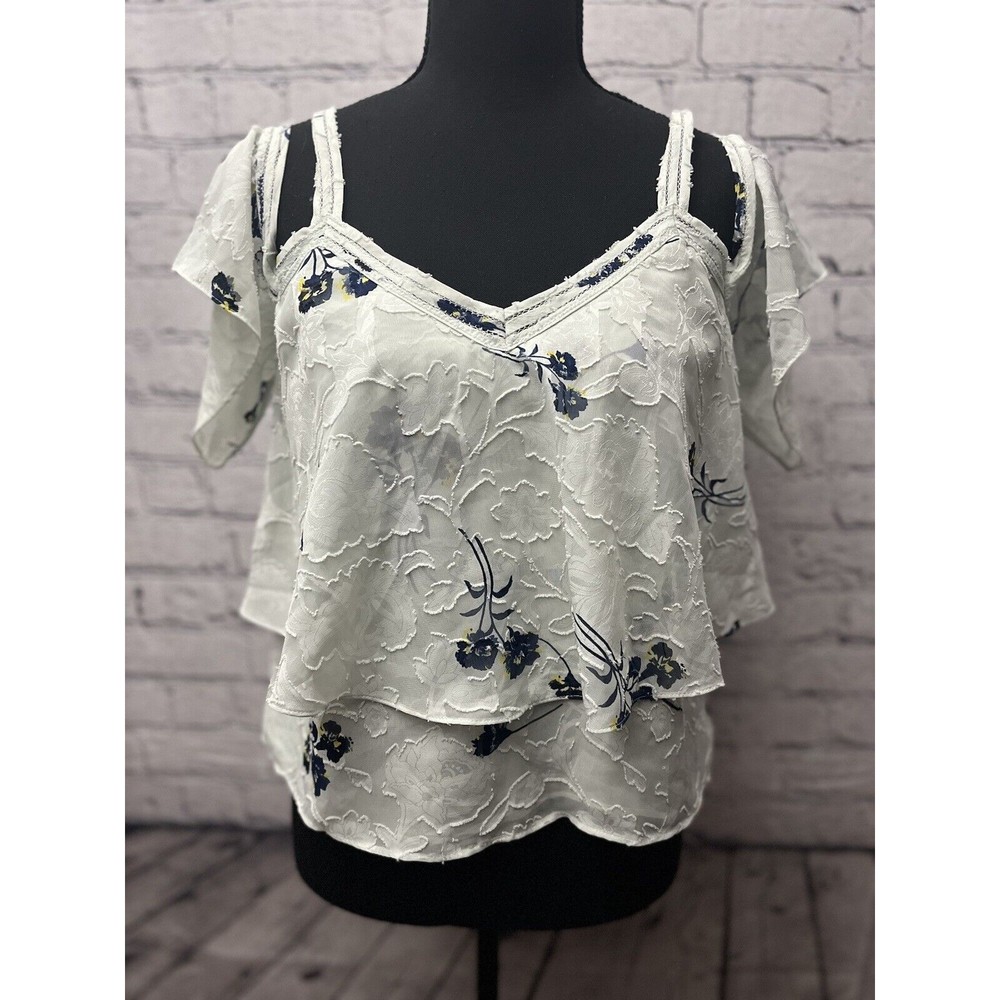 Lucky Brand Womens S Pale Green w/Blue Floral Off‎ Shoulder Layered Lined Blouse